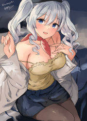 Rule 34 | 1girl, beret, black hat, black pantyhose, blue eyes, blue skirt, blush, breasts, cleavage, grey jacket, hair between eyes, hat, highres, jacket, kantai collection, kashima (kancolle), large breasts, long hair, looking at viewer, mizuta kenji, official alternate costume, official art, one-hour drawing challenge, open clothes, open jacket, pantyhose, parted lips, red scarf, scarf, silver hair, sitting, skirt, solo, sweat, tank top, twintails, twitter username, wavy hair, yellow tank top