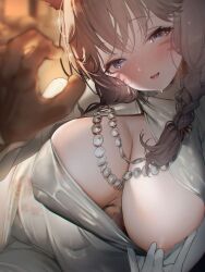 Rule 34 | 1boy, 1girl, animal ears, blue eyes, blush, braid, breasts, brown hair, cleavage, cleavage cutout, clothes pull, clothing cutout, covered navel, dress, dress pull, gloves, hetero, highres, jewelry, kaede (sayappa), large breasts, long hair, necklace, open mouth, original, pulled by self, side braid, smile, solo focus, warrior of light (ff14), white dress, white gloves