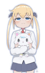 Rule 34 | 1girl, animal, blue eyes, cat, closed mouth, cowboy shot, grey outline, grey skirt, holding, holding animal, holding cat, kill me baby, long sleeves, mew (mewkledreamy), mewkledreamy, nijitama shiyushiyu, pleated skirt, shirt, skirt, solo, sonya (kill me baby), standing, tamura mutsumi, twintails, voice actor connection, white shirt