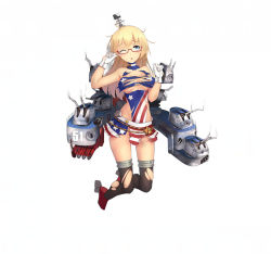 Rule 34 | 1girl, ;o, american flag, american flag print, bare shoulders, battleship girl, black thighhighs, blonde hair, blue eyes, breasts, covered navel, damaged, exploding clothes, flag print, full body, glasses, gloves, leotard, long hair, looking at viewer, machinery, no bra, official art, one eye closed, pleated skirt, red-framed eyewear, semi-rimless eyewear, side slit, simple background, skirt, sleeveless, solo, takibi (tamikyo), tears, thighhighs, torn clothes, torn thighhighs, under-rim eyewear, uss atlanta (cl-51) (battleship girl), white background, white gloves, wince