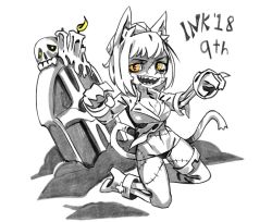 Rule 34 | 1girl, :d, animal ears, breasts, candle, cat ears, cat tail, cheshire cat (monster girl encyclopedia), claw pose, cleavage, dated, greyscale, halloween, high heels, inktober, kneeling, looking at viewer, monochrome, monster girl, monster girl encyclopedia, navel, open mouth, orange eyes, panties, ramenwarwok, scar, sharp teeth, short hair, simple background, skeleton, skull, smile, solo, spot color, surgical scar, tail, teeth, tombstone, underwear, white background