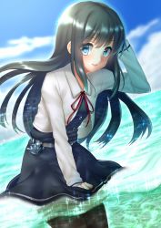 Rule 34 | 10s, 1girl, asashio (kancolle), belt, black hair, black legwear, blue eyes, cloud, day, dress, hand on own head, highres, holding, holding clothes, holding dress, kantai collection, long hair, long sleeves, miginohito mitsuru, neck ribbon, partially submerged, partially underwater shot, pinafore dress, ribbon, school uniform, sky, sleeveless dress, smile, solo, sparkle, standing, underwater, wading, water