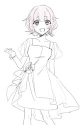 Rule 34 | 1girl, :d, blunt bangs, blush, bracelet, collarbone, dress, hand up, highres, jewelry, lineart, looking at viewer, open mouth, original, ornament, pink eyes, pink hair, short hair, short sleeves, simple background, smile, solo, white background, won won22