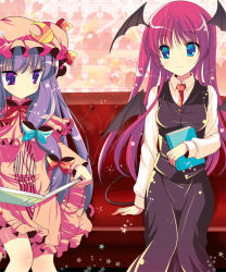Rule 34 | 2girls, alternate eye color, animal ears, bat wings, blouse, book, border, bow, breasts, capelet, collared shirt, couch, crescent, crescent moon, embodiment of scarlet devil, female focus, hair bow, hat, head wings, heart, knees together feet apart, koakuma, lace, lace border, long hair, looking at another, medium breasts, mob cap, moon, multi-tied hair, multiple girls, necktie, ornate border, patchouli knowledge, pink capelet, pink hat, purple eyes, purple hair, red neckwear, red upholstery, ribbon, shirt, shiwasu horio, sitting, skirt, skirt set, small breasts, smile, star (symbol), tail, touhou, very long hair, white shirt, wings