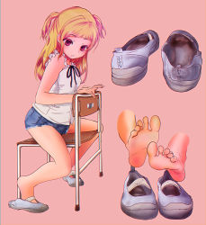 Rule 34 | 1girl, barefoot, blonde hair, chair, denim, denim shorts, feet, foot focus, highres, long hair, lumina (artist), parted lips, pink eyes, shoes, unworn shoes, short twintails, shorts, sitting, soles, toes, twintails, uwabaki