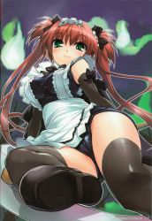 Rule 34 | 1girl, absurdres, airi (queen&#039;s blade), airi (queen's blade), airi (the infernal temptress), apron, black thighhighs, bow, breasts, cameltoe, cleft of venus, elbow gloves, gloves, green eyes, hair bow, highres, long hair, maid, maid apron, maid headdress, one-piece swimsuit, queen&#039;s blade, red hair, ribbon, school swimsuit, scythe, shoes, smile, solo, sorimura youji, swimsuit, swimsuit under clothes, thighhighs, twintails, wrist cuffs