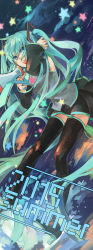 Rule 34 | 1girl, :d, absurdly long hair, absurdres, azomo, black thighhighs, blue eyes, blue hair, commentary, detached sleeves, english commentary, grey shirt, hand up, hatsune miku, highres, holding, long hair, long sleeves, looking at viewer, open mouth, shirt, sleeveless, sleeveless shirt, smile, solo, standing, thighhighs, twintails, very long hair, vocaloid