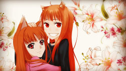 Rule 34 | 2girls, absurdres, animal ears, black shirt, brown hair, derivative work, dual persona, floral background, hand on another&#039;s head, highres, holo, hug, long hair, multiple girls, pink shirt, red eyes, scyllareigalatea, shirt, smile, spice and wolf, wolf ears
