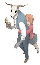 Rule 34 | 1boy, book, elias ainsworth, hatori chise, horns, hug, hug from behind, mahou tsukai no yome, necktie, red hair, simple background, skirt, skull, suit, white background