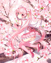 Rule 34 | 1girl, absurdly long hair, blush, boots, cherry blossoms, dango, detached sleeves, flower, food, from behind, full body, hair flower, hair ornament, hatsune miku, kneeling, long hair, looking back, nardack, pink eyes, pink footwear, pink hair, pink theme, pink thighhighs, sakura miku, skirt, solo, thigh boots, thighhighs, tree, twintails, very long hair, vocaloid, wagashi