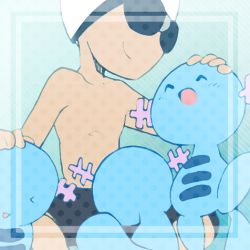 Rule 34 | &gt; &lt;, 1boy, ^ ^, black male swimwear, blue background, blush, border, chibi, closed eyes, closed mouth, creatures (company), game freak, gen 2 pokemon, goggles, gradient background, hand on another&#039;s head, hands up, happy, headpat, jumping, light blush, lowres, male focus, male swimwear, minashirazu, nintendo, pokemon, pokemon (creature), pokemon bw, sideways mouth, simple background, sitting, smile, spread legs, swim cap, swim trunks, swimmer (pokemon), topless male, white headwear, wooper