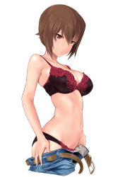 Rule 34 | 10s, 1girl, belt, black bra, black panties, bra, breasts, brown eyes, brown hair, cleavage, clothes pull, cowboy shot, denim, girls und panzer, highres, jeans, large breasts, nishizumi maho, no shirt, open fly, panties, pants, pants pull, revision, short hair, simple background, solo, underwear, undressing, unzipped, wa (genryusui), white background