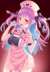 Rule 34 | 1girl, absurdres, ahoge, bandaid, bandaid on neck, blue hair, blunt bangs, blush, breasts, buttons, colored inner hair, contrapposto, cowboy shot, cropped shirt, facial mark, fangs, garter straps, gloves, hair ornament, hair ribbon, hairclip, high-waist skirt, highres, hololive, kage (ka 9e 4su), large breasts, long hair, looking at viewer, maid headdress, minato aqua, miniskirt, multicolored hair, nurse, pink garter straps, pink shirt, puffy short sleeves, puffy sleeves, purple eyes, purple hair, red background, ribbon, sharp tongue, shirt, short sleeves, side slit, skirt, solo, streaked hair, tongue, tongue out, triangle hair ornament, two side up, underbust, virtual youtuber, w arms, white gloves