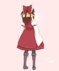 Rule 34 | 1girl, bare shoulders, blouse, boots, bow, brown hair, detached sleeves, from behind, hair bow, hair ribbon, hair tubes, hakurei reimu, highres, knee boots, large bow, leon (mikiri hassha), long hair, long skirt, long sleeves, pantyhose, ribbon, ribbon-trimmed sleeves, ribbon trim, scarf, shirt, skirt, skirt set, solo, thighs, touhou, wide sleeves