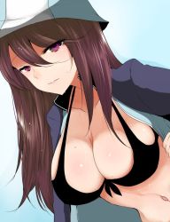 Rule 34 | 10s, 1girl, bikini, bikini under clothes, black bikini, blue background, blue hat, breasts, brown hair, front-tie top, girls und panzer, gradient background, hair between eyes, hair over shoulder, halterneck, han (jackpot), hanging breasts, hat, impossible clothes, jitome, large breasts, leaning forward, long hair, looking at viewer, mika (girls und panzer), navel, open clothes, parted lips, purple eyes, smile, solo, stomach, swimsuit, upper body