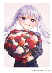 Rule 34 | 1girl, 2021, :d, blazer, blush, bouquet, copyright name, floating hair, flower, highres, holding, holding bouquet, jacket, long hair, long sleeves, new game!, official art, open mouth, orange flower, orange rose, page number, purple eyes, purple jacket, red flower, red rose, rose, silver hair, smile, solo, suzukaze aoba, tokunou shoutarou, twintails, upper body, very long hair, white flower, white rose