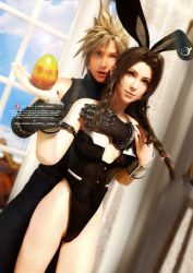 Rule 34 | 1boy, 1girl, 3d, aerith gainsborough, alternate costume, arm belt, bare shoulders, black leotard, blonde hair, blue eyes, blue shirt, braid, breasts, brown hair, cloud strife, couple, curtains, easter, easter egg, egg, final fantasy, final fantasy vii, final fantasy vii remake, gloves, green eyes, hair between eyes, hair ribbon, hand on another&#039;s chest, holding, holding another&#039;s wrist, holding egg, leotard, medium breasts, parted bangs, parted lips, playboy bunny, rabbit ears, ribbon, shirt, short hair, sidelocks, sleeveless, sleeveless turtleneck, smile, spiked hair, square enix, suspenders, turtleneck, upper body, white atelier, window