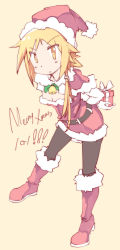 Rule 34 | 1girl, absurdres, black pantyhose, blonde hair, boots, breasts, cleavage, english text, hat, highres, ichii yui, knee boots, long hair, looking at viewer, majormilk, merry christmas, pantyhose, red footwear, red hat, santa costume, santa hat, small breasts, solo, yellow eyes, yuyushiki