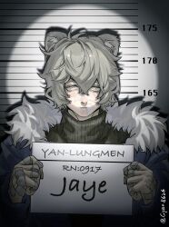 Rule 34 | 1boy, animal ears, arknights, bandaid, bear boy, bear ears, card, chinese commentary, cyan8626, grey hair, height chart, highres, holding, holding card, jacket, jaye (arknights), looking at viewer, male focus, mugshot, open clothes, open jacket, solo, spotlight, sweater, turtleneck, turtleneck sweater, twitter username, vitiligo