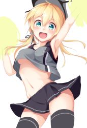 Rule 34 | 10s, 1girl, anchor hair ornament, aqua eyes, armpits, black skirt, blonde hair, blush, breasts, cheerleader, clothes lift, grey thighhighs, hair ornament, hat, igayan, kantai collection, long hair, looking at viewer, midriff, no bra, open mouth, peaked cap, pleated skirt, pom pom (cheerleading), prinz eugen (kancolle), shirt lift, skirt, solo, thighhighs, twintails, underboob, white background