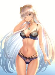 Rule 34 | 1girl, absurdres, anastasia (fate), arm at side, bare shoulders, blue bra, blue eyes, blue panties, blush, bra, breasts, choker, collarbone, contrapposto, cowboy shot, fate/grand order, fate (series), gradient background, groin, hair between eyes, hair over one eye, hairband, hand on own face, highres, lingerie, long hair, looking at viewer, mashuu (neko no oyashiro), medium breasts, multi-strapped panties, navel, panties, parted lips, ribbon-trimmed bra, ribbon-trimmed panties, scan, silver hair, skindentation, smile, solo, stomach, thigh gap, thighs, third-party source, topaz (gemstone), underwear, underwear only, very long hair
