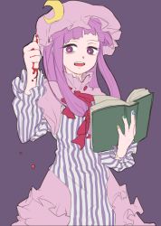 Rule 34 | 1girl, bags under eyes, blood, blood drip, blood on hands, blue nails, blunt bangs, book, bow, bowtie, commentary request, cowboy shot, crescent, crescent hat ornament, dress, flat chest, green nails, hat, hat ornament, highres, holding, holding book, kijima (amayadori-tei), long hair, long sleeves, looking at viewer, mob cap, multicolored nails, nail polish, open book, open mouth, patchouli knowledge, pink hat, purple background, purple dress, purple eyes, purple hair, red bow, red bowtie, simple background, solo, striped clothes, striped dress, touhou, vertical-striped clothes, vertical-striped dress, yellow nails