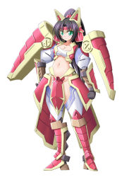 Rule 34 | 1girl, armor, boots, breasts, brown hair, cleavage, faulds, full body, greaves, green eyes, hand on own hip, high heel boots, high heels, hirorin, long hair, midriff, nekono matatabi, original, parted bangs, pauldrons, pelvic curtain, shoulder armor, simple background, solo, standing, v-shaped eyebrows, very long hair, white background