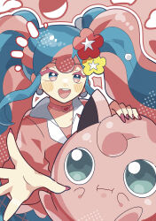 1girl :d anidler91 blue_eyes blue_hair blue_skirt choker colored_eyelashes creatures_(company) earrings fairy_miku_(project_voltage) fingernails flower game_freak gen_1_pokemon hair_flower hair_ornament hatsune_miku heart heart_choker highres jewelry jigglypuff long_hair long_sleeves multicolored_eyes multicolored_hair nail_polish nintendo open_mouth outstretched_arm pearl_earrings pearl_hair_ornament pink_choker pink_eyes pink_hair pink_nails pink_sweater pokemon pokemon_(creature) project_voltage red_flower round_teeth sidelocks skirt smile sweater teeth twintails two-tone_eyes two-tone_hair vocaloid yellow_flower