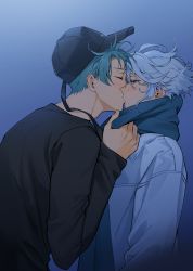 Rule 34 | 2boys, absurdres, azul ashengrotto, baseball cap, black headwear, black shirt, blue background, blue eyes, blue hair, blue scarf, blush, casual, coat, earrings, eyelashes, face-to-face, glasses, grey hair, half-closed eyes, hand up, hat, highres, hyakutennnn, jade leech, jewelry, kiss, long sleeves, looking at another, male focus, messy hair, mole, mole under mouth, multiple boys, profile, scarf, scarf grab, shirt, short hair, sidelocks, twisted wonderland, upper body, white coat