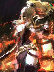 Rule 34 | 1girl, belt, black gloves, black thighhighs, blonde hair, breasts, christina (princess connect!), cleavage, glitch, gloves, hair over one eye, hand up, large breasts, ponytail, princess connect!, sketch, solo, sonchi, thighhighs, yellow eyes