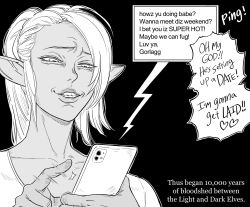 Rule 34 | 1girl, bad id, bb (baalbuddy), black background, catfishing, cellphone, commentary, dark-skinned female, dark elf, dark skin, elf, english commentary, english text, evil grin, evil smile, greyscale, grin, heart, highres, holding, holding phone, inactive account, monochrome, original, phone, pointy ears, ponytail, simple background, smartphone, smile, solo, spoken heart, tapping, text focus, upper body