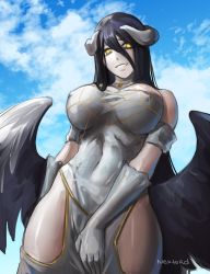 Rule 34 | 1girl, albedo (overlord), bare shoulders, black hair, breasts, demon girl, demon horns, demon wings, dress, feathered wings, from below, gloves, hair between eyes, hand on own crotch, hip vent, horns, large breasts, long hair, looking at viewer, nextoad, overlord (maruyama), sky, slit pupils, smile, solo, very long hair, watermark, white dress, white gloves, wings, yellow eyes