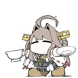 Rule 34 | 1girl, ^ ^, ahoge, black skirt, braid, braided bun, brown footwear, brown hair, chibi, closed eyes, commentary request, cup, double bun, closed eyes, hair bun, hakama, hakama skirt, holding, japanese clothes, kantai collection, kongou (kancolle), long hair, miniskirt, no mouth, nontraditional miko, plate, shoes, simple background, skirt, solo, task (s task80), teacup, white background