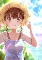 Rule 34 | 1girl, absurdres, artist name, blush, brown eyes, brown hair, dated, day, fluno, hand up, hands on headwear, hands up, hat, highres, looking at viewer, original, outdoors, short hair with long locks, straw hat, sunlight, upper body, water