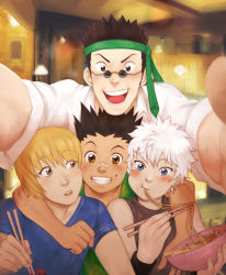 Rule 34 | 4boys, arm around neck, bandaid, bandaid on face, bandaid on nose, blonde hair, blue eyes, bowl, brown eyes, brown hair, chopsticks, eating, eunnieboo, food, food in mouth, food on face, glasses, gon freecss, grin, highres, hunter x hunter, killua zoldyck, kurapika, leorio paladiknight, male focus, multiple boys, necktie, necktie on head, noodles, open mouth, room, selfie, smile, spiked hair, sunglasses, white hair