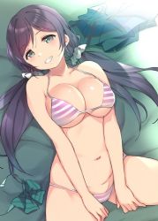 Rule 34 | 1girl, areola slip, bikini, bow, bowtie, breasts, duke (inu daimyou), green eyes, hair ornament, hair scrunchie, halterneck, large breasts, looking at viewer, love live!, love live! school idol project, low twintails, lying, navel, on back, purple hair, scrunchie, smile, solo, string bikini, striped bikini, striped clothes, swimsuit, tojo nozomi, twintails, unworn bowtie, white scrunchie