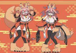 Rule 34 | 2girls, animal ear fluff, animal ears, animal hands, artist request, bell, blush stickers, breasts, cat hair ornament, cat paws, cleavage, closed eyes, collar, collarbone, fang, fate/grand order, fate (series), fox ears, fox girl, fox tail, full body, gloves, hair ornament, heart, highres, internet yamero, internet yamero (meme), japanese clothes, jingle bell, kimono, large breasts, meme, multiple girls, neck bell, no panties, open mouth, paw gloves, paw shoes, pink hair, ponytail, red kimono, red ribbon, ribbon, skin fang, smile, tail, tamamo (fate), tamamo cat (fate), tamamo cat (first ascension) (fate), tears