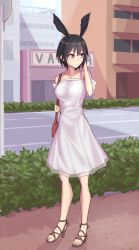 Rule 34 | 1girl, adjusting hair, bag, bare shoulders, black hair, breasts, building, bush, city, collarbone, commentary request, dress, elfenlied22, fate/grand order, fate (series), hair between eyes, handbag, head wings, highres, jewelry, large breasts, looking away, looking to the side, necklace, ortlinde (fate), red eyes, ring, road, sandals, short dress, short hair, sidewalk, solo, spaghetti strap, street, valkyrie (fate), white dress, wings