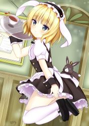 Rule 34 | 1girl, 7 calpis 7, animal, animal ears, anko (gochiusa), apron, aqua eyes, artist name, ass, black footwear, black neckwear, black skirt, blonde hair, blunt bangs, blush, bolo tie, closed eyes, collared shirt, commentary request, covering privates, covering ass, crescent, crown, cup, fake animal ears, flat chest, fleur de lapin uniform, floppy ears, frilled apron, frilled cuffs, frilled shirt, frilled skirt, frills, from behind, full body, gochuumon wa usagi desu ka?, highres, holding, holding tray, indoors, jumping, kirima syaro, looking at viewer, maid headdress, mini crown, no panties, puffy short sleeves, puffy sleeves, rabbit, rabbit ears, shirt, short hair, short sleeves, signature, skirt, smile, solo, spilling, tea, thighhighs, tray, underbust, waist apron, wavy hair, white apron, white shirt, white thighhighs, wing collar, wrist cuffs