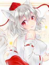 Rule 34 | 1girl, alto2019, animal ears, breasts, detached sleeves, from behind, hat, inubashiri momiji, large breasts, marker (medium), red eyes, red hat, sample watermark, shirt, sleeveless, sleeveless shirt, solo, tail, tokin hat, touhou, traditional media, watermark, white hair, white shirt, wide sleeves, wolf ears, wolf tail