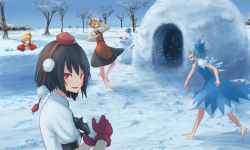 Rule 34 | &gt; &lt;, 4girls, aki minoriko, aki shizuha, barefoot, black hair, blonde hair, blue bow, blue dress, blue hair, bow, cirno, commentary request, day, dress, gloves, hair bow, hair ornament, hat, ice, ice wings, igloo, leaf hair ornament, long sleeves, looking at viewer, mob cap, multiple girls, open mouth, parted lips, pom pom (clothes), puffy short sleeves, puffy sleeves, red gloves, roke (taikodon), shameimaru aya, shirt, short hair, short sleeves, sky, smile, snow, snow shelter, snowball, snowman, tassel, tokin hat, touhou, tree, white shirt, wide sleeves, wings