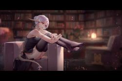 Rule 34 | 1girl, absurdres, au ra, warrior of light (ff14), bare arms, black thighhighs, black vest, blurry, blurry background, bookshelf, commentary, english commentary, final fantasy, final fantasy xiv, full body, hair bun, highres, horns, hugging own legs, indoors, letterboxed, library, light particles, no panties, no shoes, on chair, parted lips, red eyes, scales, single hair bun, sitting, solo, tail, thighhighs, vest, white hair, wudiyishileiyu