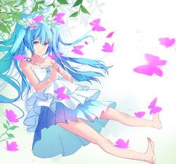 Rule 34 | 1girl, alternate costume, bare arms, bare legs, bare shoulders, barefoot, blue dress, bug, butterfly, collarbone, dress, flower, full body, gradient background, green background, hair flower, hair ornament, hatsune miku, insect, layered dress, lead, long hair, looking at viewer, muko (kokia38), own hands together, parted lips, smile, solo, strapless, strapless dress, twintails, vocaloid