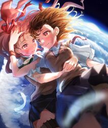 Rule 34 | 2girls, armband, black sky, blush, breasts, brown eyes, brown hair, brown shorts, closed mouth, falling, green armband, hair ribbon, hand on another&#039;s head, highres, hug, hug from behind, long hair, looking at another, miniskirt, misaka mikoto, multiple girls, parted lips, ribbon, school uniform, shirai kuroko, shirt, short hair, shorts, shorts under skirt, skirt, sky, small breasts, smile, space, star (sky), starry sky, thigh strap, toaru majutsu no index, tokiwadai school uniform, torn clothes, torn shirt, yonabe, yuri