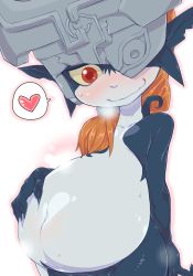Rule 34 | 1girl, blush, colored sclera, hand on own stomach, heart, heavy breathing, helmet, long hair, looking at viewer, midna, mizone, navel, nintendo, nude, one eye covered, orange hair, pointy ears, pregnant, red eyes, smile, solo, spoken heart, sweat, the legend of zelda, the legend of zelda: twilight princess, wavy mouth, yellow sclera