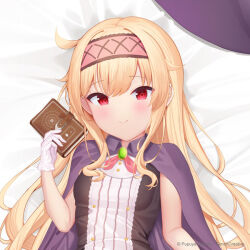 Rule 34 | 1girl, bed sheet, blonde hair, blush, book, breasts, cape, closed mouth, company name, copyright notice, dress, gloves, hair between eyes, hairband, holding, holding book, little witch nobeta, long hair, looking at viewer, lying, no headwear, nobeta, official art, on back, purple cape, red eyes, red hairband, small breasts, smile, solo, striped clothes, striped dress, upper body, vertical-striped clothes, vertical-striped dress, very long hair, white gloves