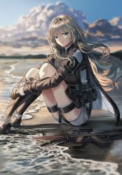 Rule 34 | 1girl, an-94, an-94 (girls&#039; frontline), assault rifle, bag, blonde hair, blue eyes, blurry, blurry background, closed mouth, cloud, cloudy sky, girls&#039; frontline, gloves, gun, hairband, hugging own legs, long hair, looking at viewer, low tied hair, outdoors, platinum blonde hair, rifle, silence girl, sitting, sky, smile, solo, tactical clothes, water, weapon