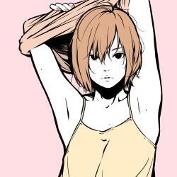 Rule 34 | 1girl, armpits, arms up, black eyes, brown hair, brown nails, camisole, hair between eyes, halftone, highres, miyoshi yoshimi, mole, mole on arm, mole on armpit, original, pink background, shadow, short hair, simple background, solo, upper body, yellow camisole