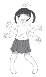 Rule 34 | 1girl, blunt bangs, collared shirt, extra arms, full body, greyscale, harau, heterochromia, jitome, monochrome, monoko, monster, open mouth, pigeon-toed, pleated skirt, saliva, shirt, short sleeves, simple background, skirt, socks, solo, standing, twintails, white background, wing collar, yume nikki