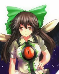 Rule 34 | 1girl, bad id, bad pixiv id, bird wings, black hair, blouse, blush, bow, breasts, cape, contrapposto, feathered wings, fingernails, green bow, hair bow, hand on own hip, large breasts, long hair, looking at viewer, puffy short sleeves, puffy sleeves, red eyes, reiuji utsuho, shirt, short sleeves, simple background, smile, solo, space print, standing, starry sky print, tandori tsubasa, third eye, touhou, upper body, white background, white shirt, wings